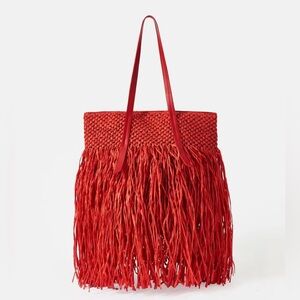 MINT VELVET U.K. Red Extreme Fringe Bag Tote